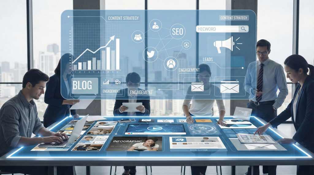 Business team collaboratively planning a content marketing strategy using an interactive digital display table showing SEO, blog, and engagement metrics.