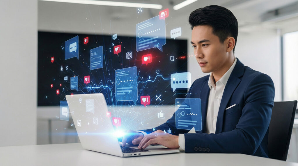 Woman using a laptop to analyze SEO performance graphs and charts on a data dashboard.