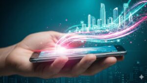 A hand holding a smartphone projects glowing data streams and a digital city, symbolizing digital business strategy and revenue growth