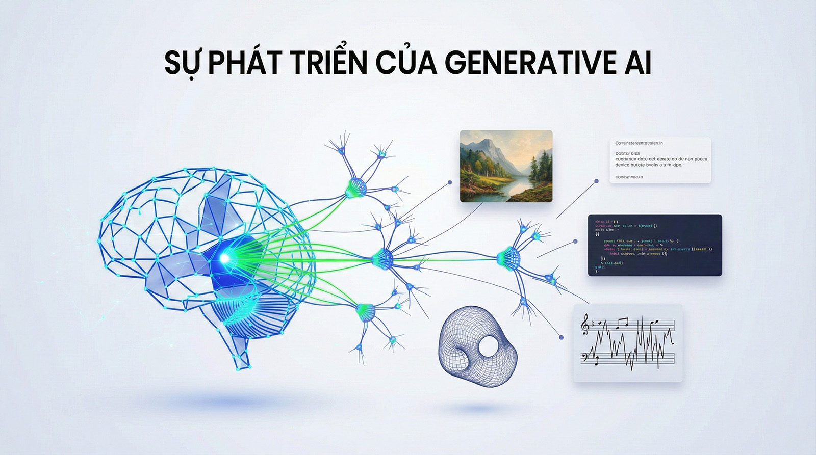 Digital brain connected to outputs like artwork, code, music, and 3D models, symbolizing the evolution of generative AI.