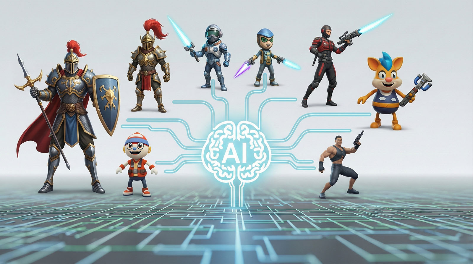 A lineup of AI-generated game characters representing diverse genres powered by artificial intelligence