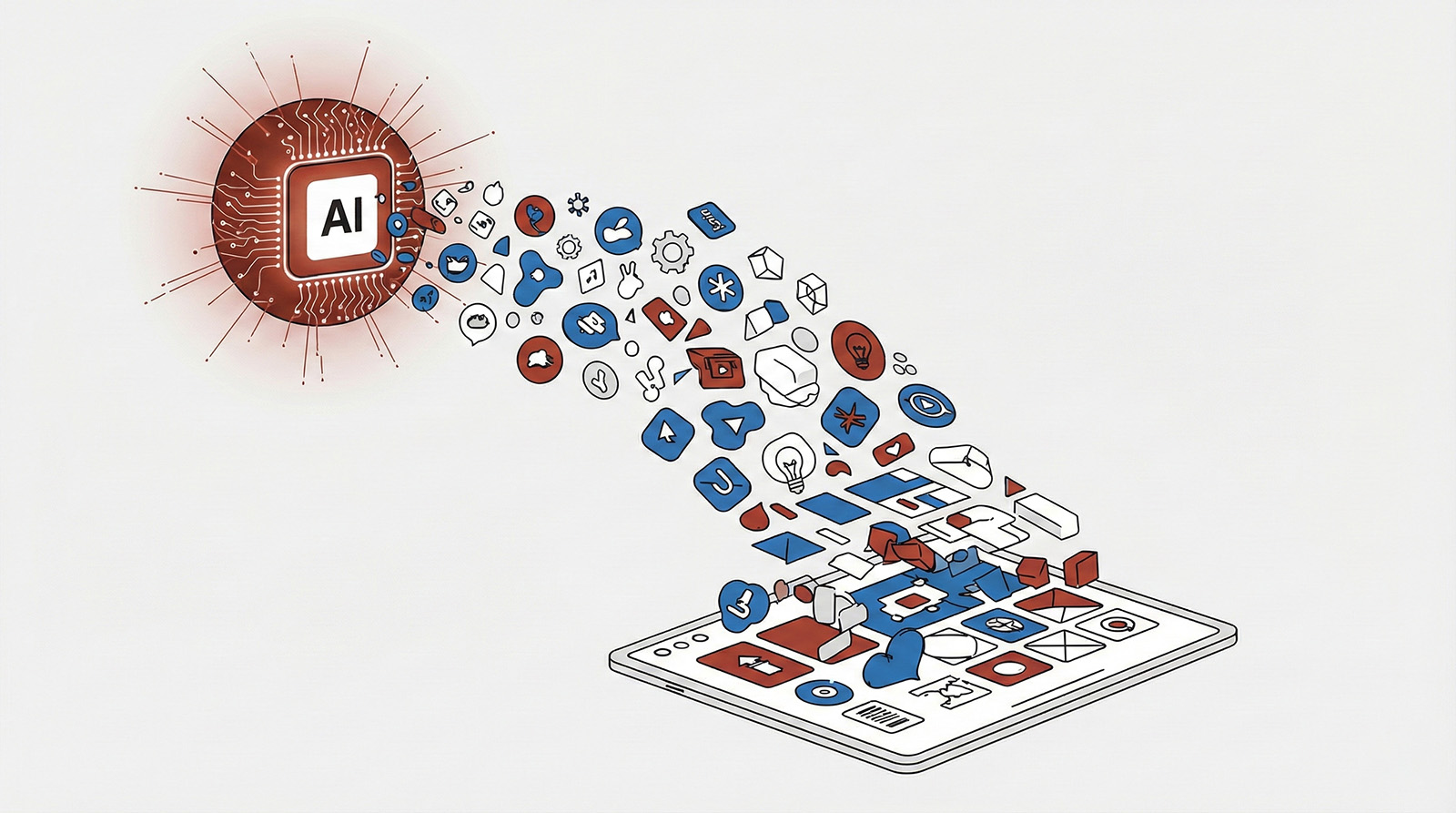 AI chip emitting diverse app icons and tools onto a digital tablet, representing AI integration across mobile and digital applications.