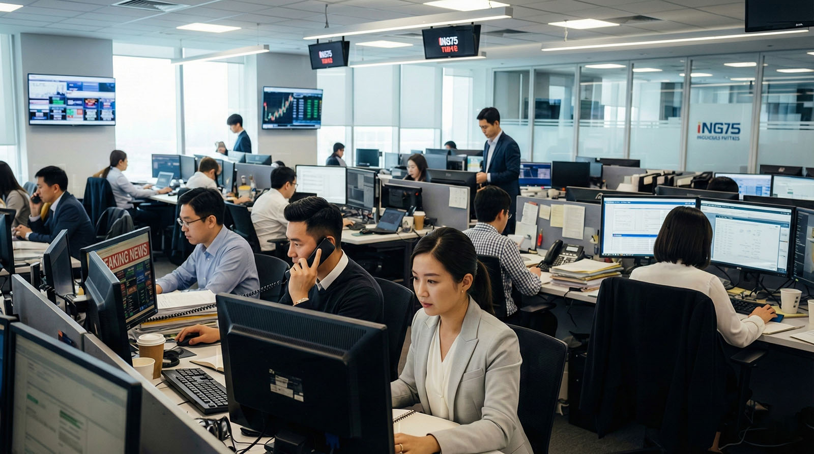 Busy newsroom with multiple people working at computers and monitoring information.