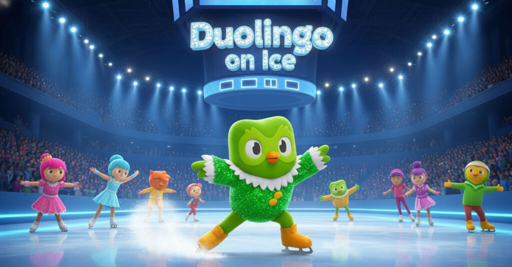 Duolingo mascot, Duo the Owl, on ice skates in a rink with colorful characters, illustrating the "Duolingo on Ice" campaign.