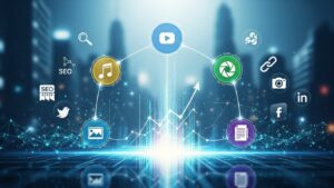 A futuristic digital landscape displays multimedia icons, social platforms, SEO elements, and rising analytics, symbolizing modern content marketing and online growth