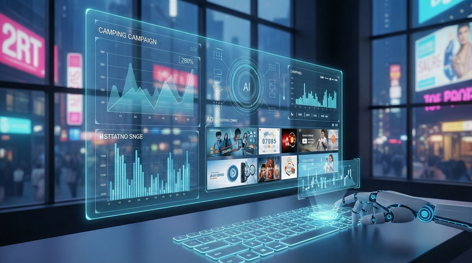 A high-tech concept illustration showing a robotic hand typing on a keyboard, overlaid with holographic data charts, graphs, and AI interfaces, representing automated ad campaign optimization and data analysis