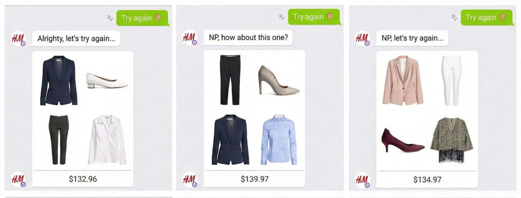 Screenshots showing the H&M Kik chatbot conversation interface, offering users personalized outfit recommendations with images and prices.