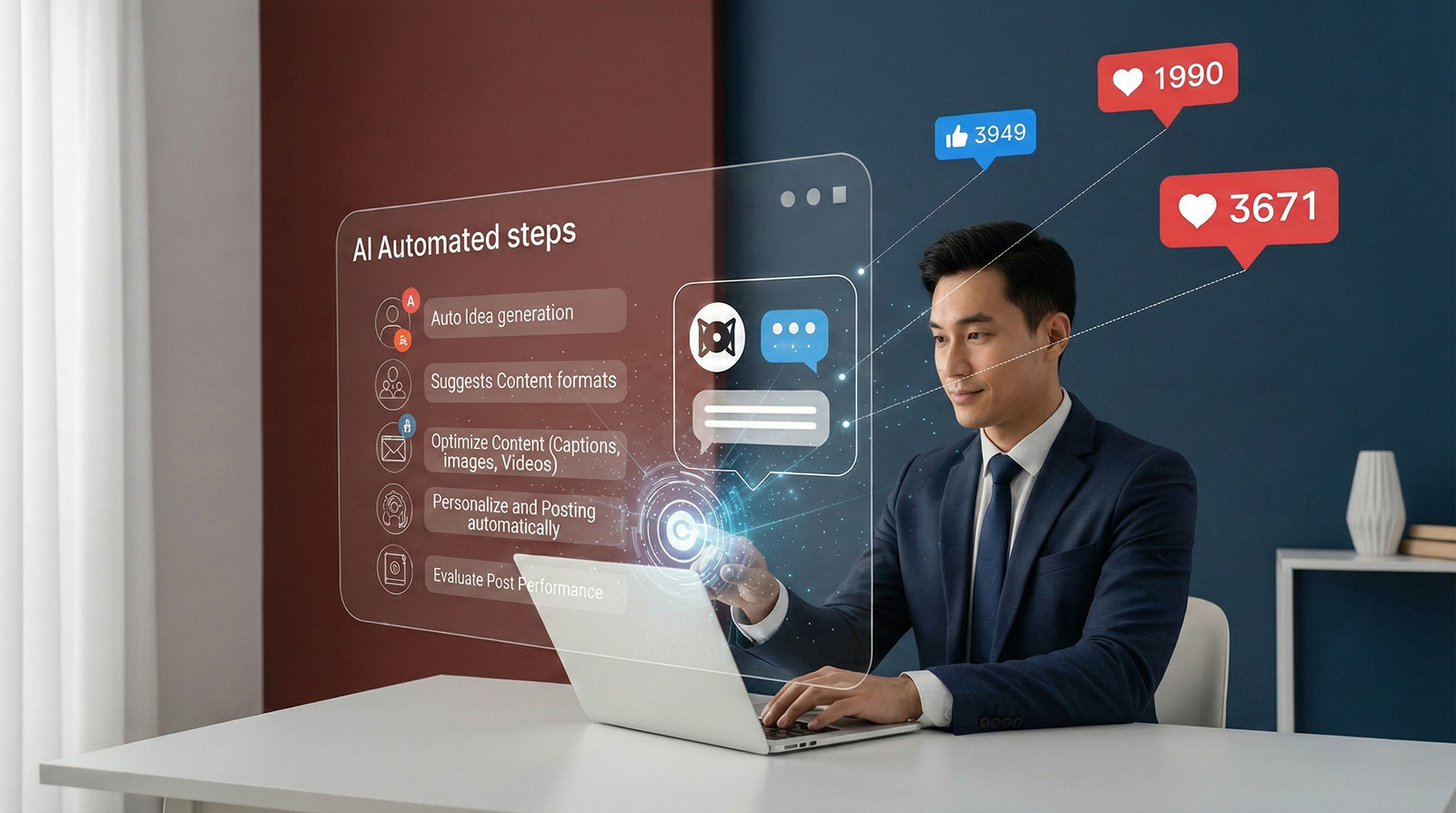 Illustration showing AI automating user engagement on major social platforms