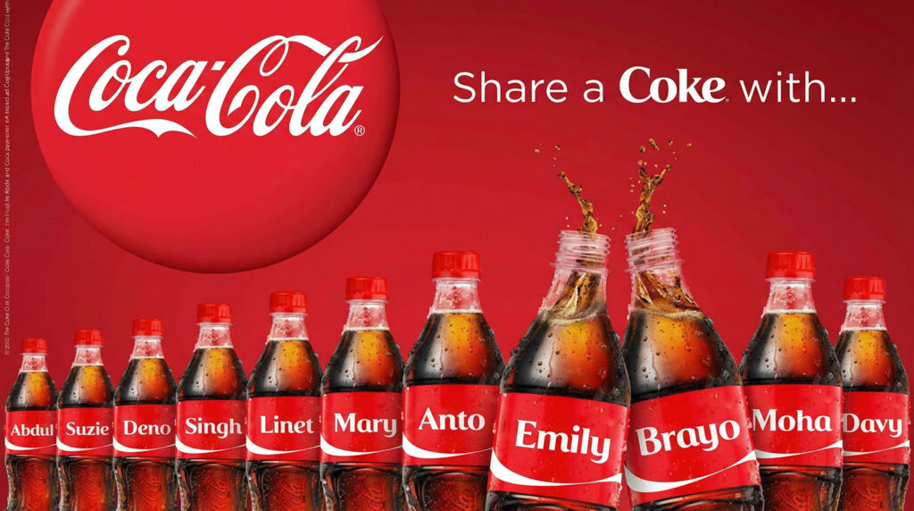 A line of Coca-Cola bottles customized with different popular names, illustrating the global "Share a Coke" personalization campaign.