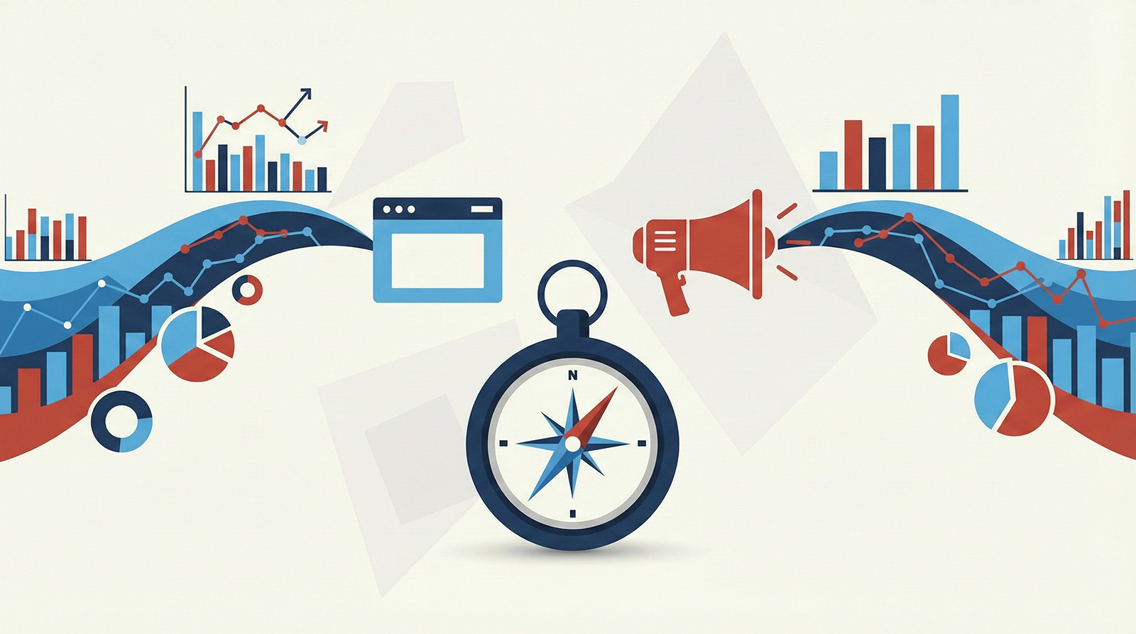 Graphs, charts, and marketing icons surrounding a compass symbol.