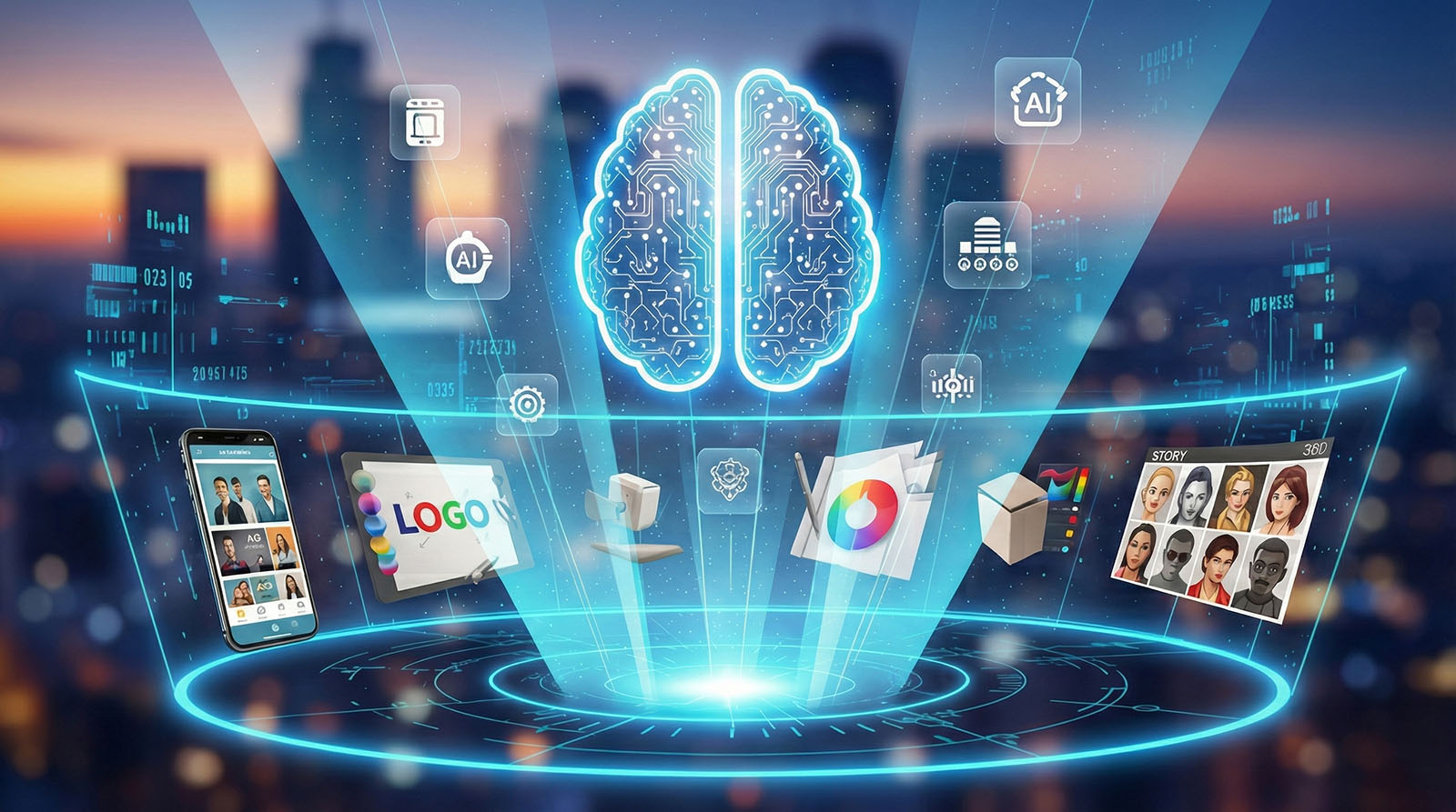 A glowing digital brain icon symbolizing Generative AI, surrounded by floating creative assets such as logos, color palettes, storyboards, and mobile interfaces, illustrating AI's role in creative design and branding.