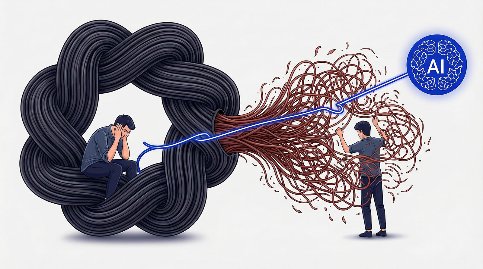 llustration of AI untangling a large knot of cables/wires, symbolizing overcoming creative block.
