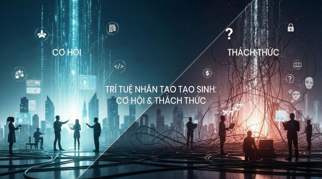 Khung cảnh thành phố được chia làm hai nửa với những hình bóng và dòng chảy kỹ thuật số, minh họa cho một bên là các cơ hội của AI tạo sinh và bên kia là những thách thức