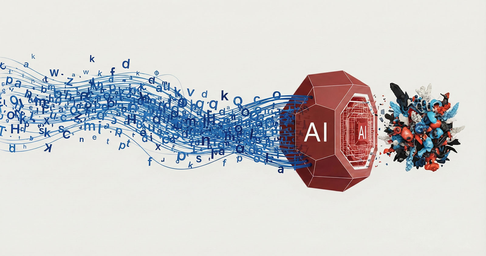 Letters and characters flow into a red AI device and emerge as a colorful, abstract artwork, representing AI-generated creativity.