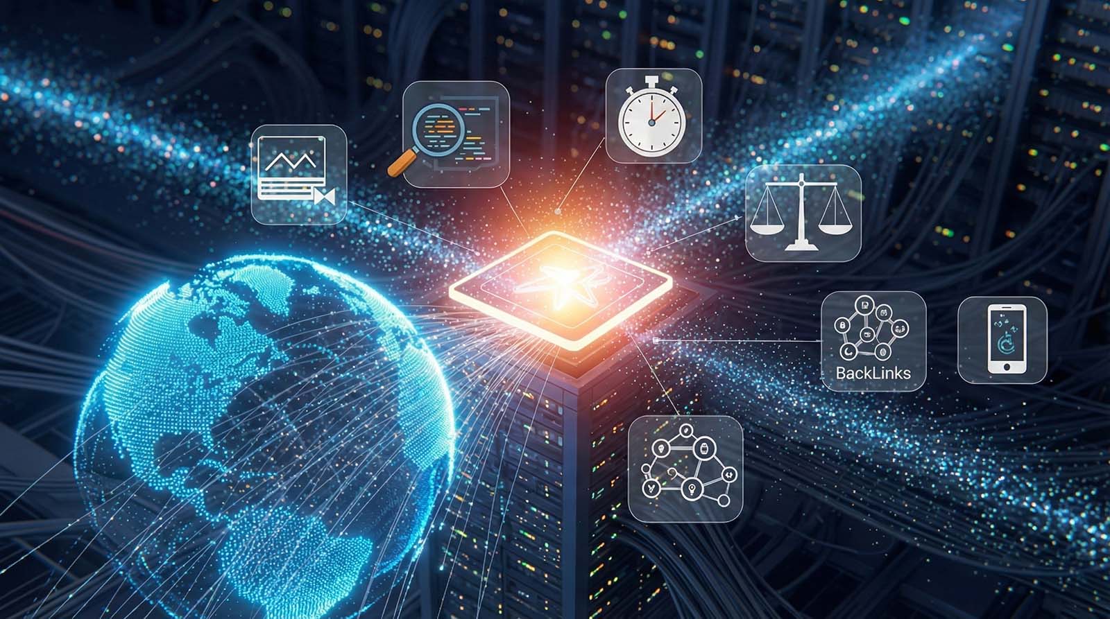 Digital illustration of a global IMC strategy framework with interconnected marketing technology icons emerging from a central data hub