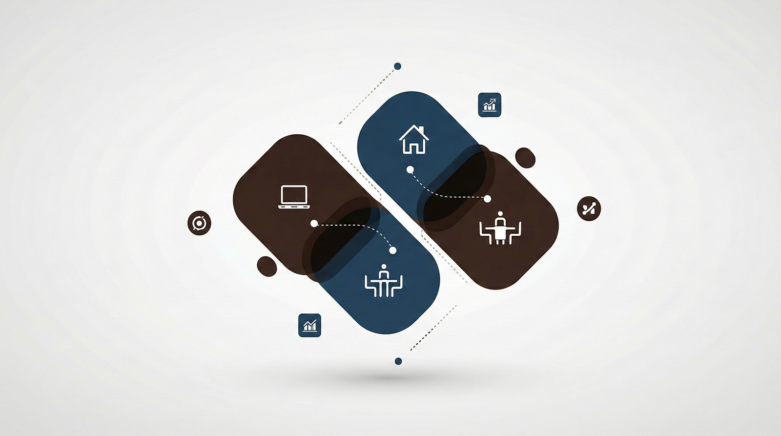 Hybrid and remote work illustration showing connected home and office environments, representing digital collaboration and organizational change management