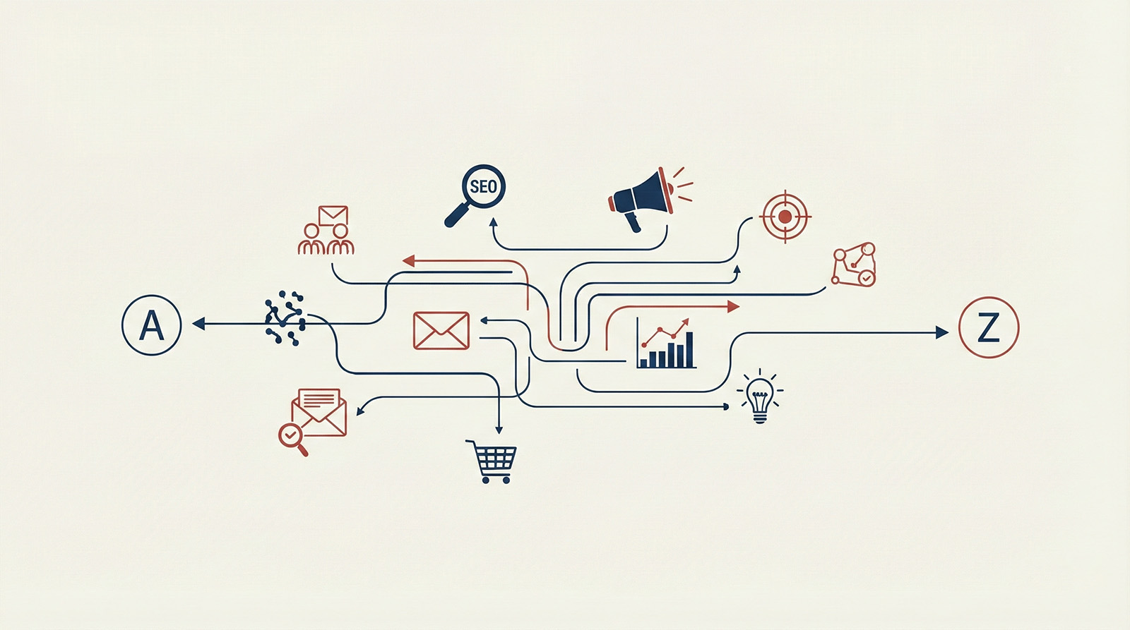 Marketing process from point A to point Z with icons for SEO, email, advertising, analytics, and targeting.