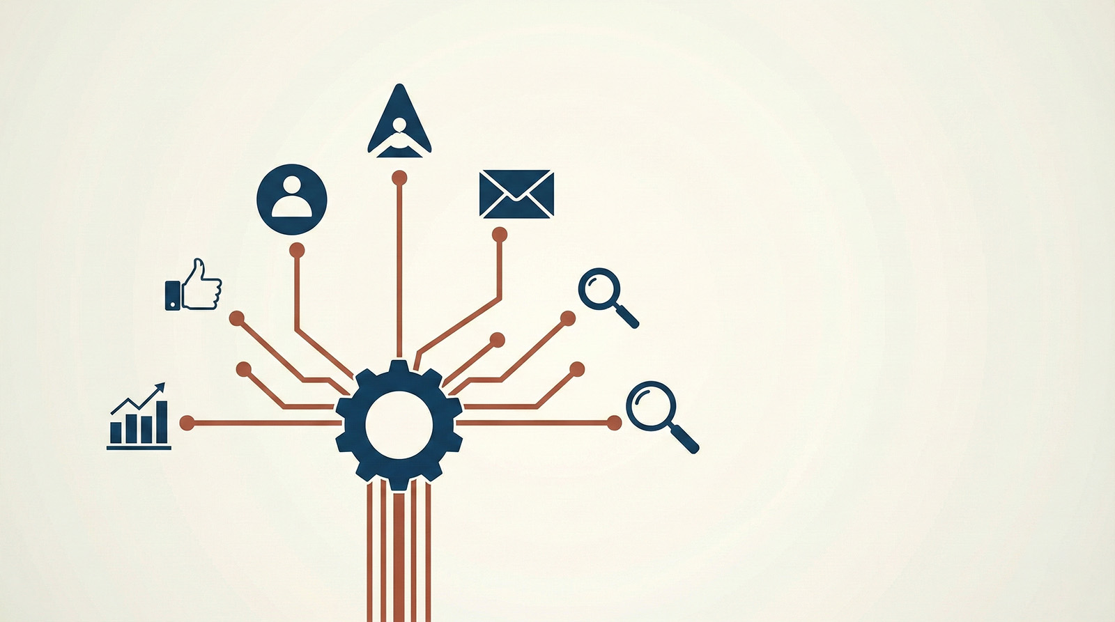 Central gear with data inputs and outputs, including email, search, analytics, and user icons.