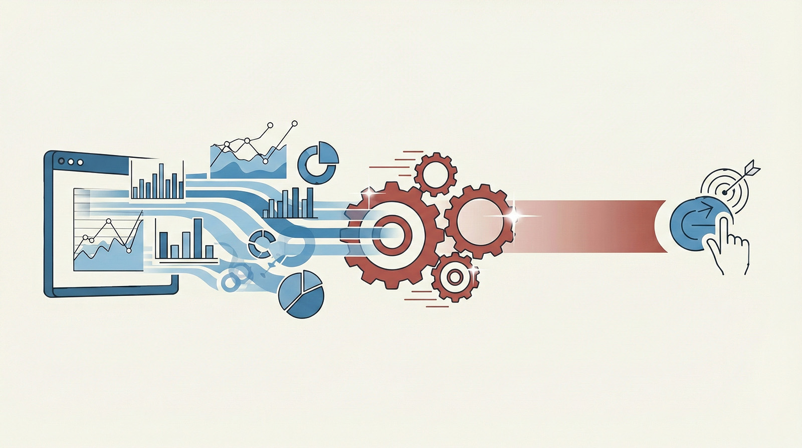 Analytics dashboards moving through gears and resulting in a target being clicked.