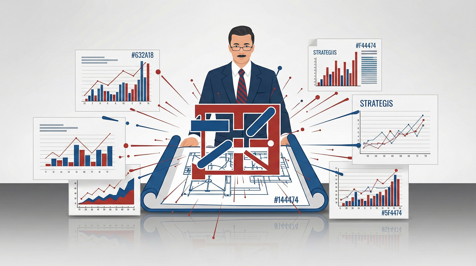 The illustration depicts a business professional analyzing strategy, working with blueprints and data charts, illustrating the process of planning, analyzing, and managing business strategy based on data.