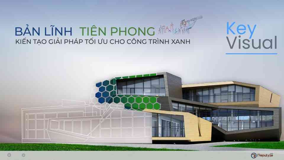 Key visual for Greenpan showing an architectural render of a modern building, utilizing Greenpan's panel materials, with the slogan 'Pioneering Spirit'.