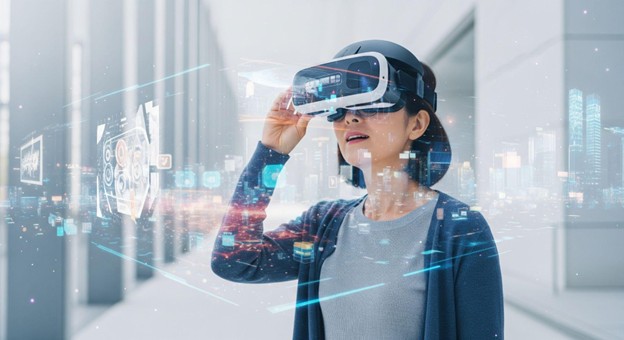 A person wearing a virtual reality headset interacting with digital holographic elements in a modern indoor environment.