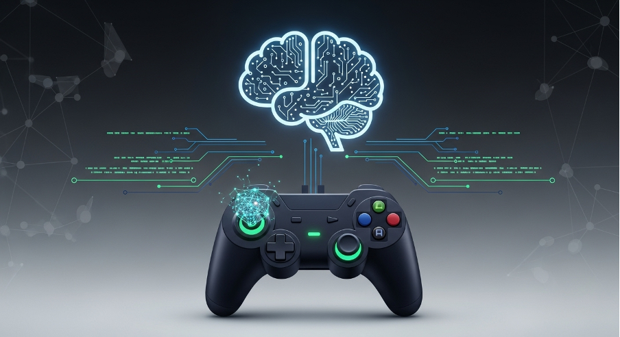 Game controller connected to a digital brain symbolizing AI integration in video game systems