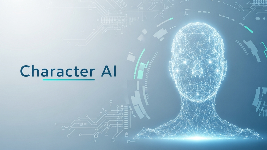 A glowing wireframe human head represents advanced Character AI technology, surrounded by futuristic digital circuits and interface elements on a light background