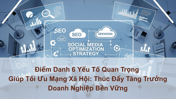 A digital dashboard displaying a 'Social Media Optimization Strategy' flow chart connected to SEO graphs, marketing icons, and growth arrows, highlighting six critical factors.
