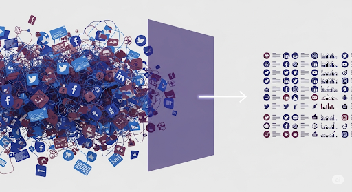 Graphic showing social media chaos being filtered into organized data icons.