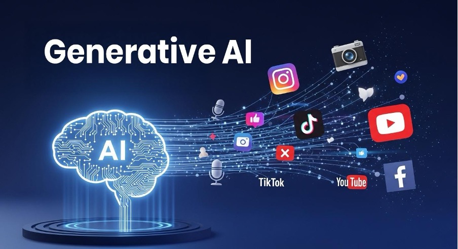 Generative AI brain emitting content toward social media platforms like TikTok, Instagram, YouTube, and Facebook.