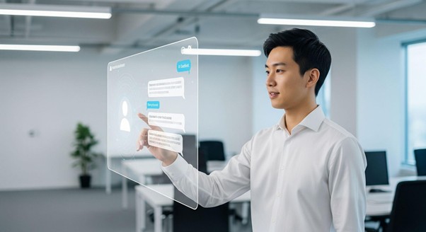 Illustration of a chatbot icon and text 'Can I Help You?' on a smartphone screen, symbolizing AI customer support.