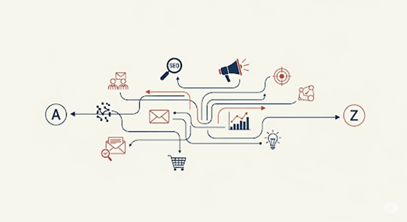Marketing process from point A to point Z with icons for SEO, email, advertising, analytics, and targeting.