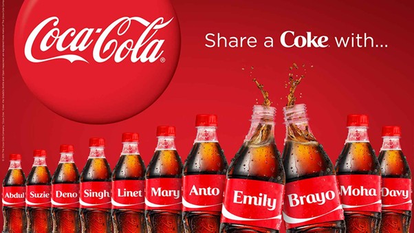 A line of Coca-Cola bottles customized with different popular names, illustrating the global "Share a Coke" personalization campaign.