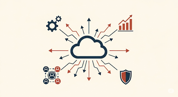 Cloud computing illustration with directional arrows showing data flow between the cloud and multiple business functions, including analytics, operations, collaboration, and security