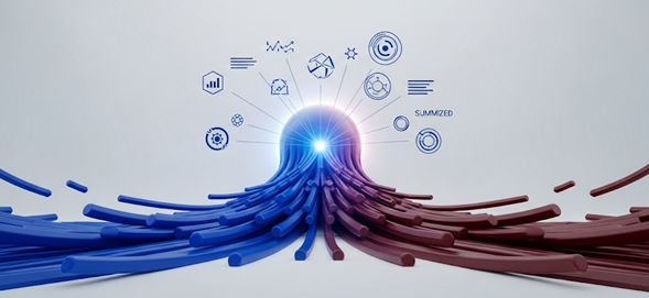 Multiple data channels merging toward a blue center with analytics symbols.