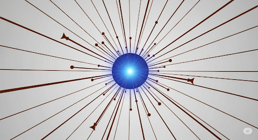 Abstract radial illustration featuring a glowing central sphere with outward-extending lines and directional markers, symbolizing brand mission, strategic alignment, and organizational focus