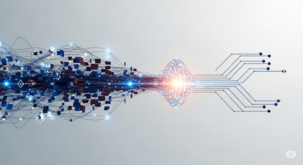 Abstract stream of digital elements converging into organized data outputs.