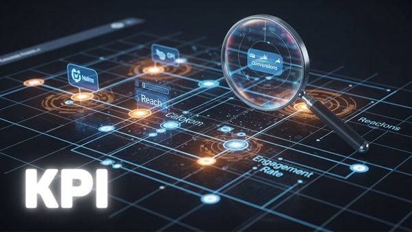 A magnifying glass hovering over a digital dashboard displaying various KPIs (Conversions, Reach, Engagement Rate), emphasizing the need for data-driven campaign measurement.