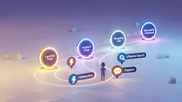 An illustrative flow chart showing the stages of an effective E-commerce customer journey: Landing Page, Product Page, Shopping Cart, and Successful Checkout, emphasized by optimization points.