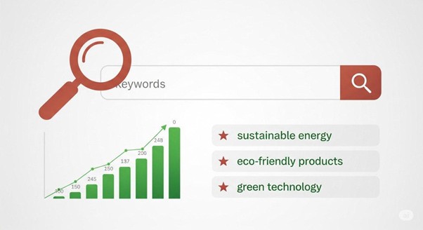 Illustration of a magnifying glass and growth charts used to identify profitable SEO keywords.