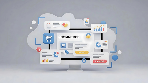 A computer screen displaying an E-COMMERCE interface surrounded by essential components like a shopping cart, payment buttons, analytics charts, and search functions, highlighting its core functions.