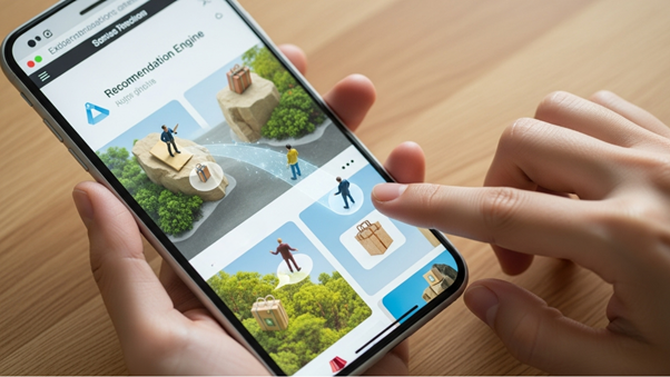 Close-up of a hand tapping a smartphone screen displaying a recommendation engine with 3D product boxes, symbolizing engaging, interactive content.