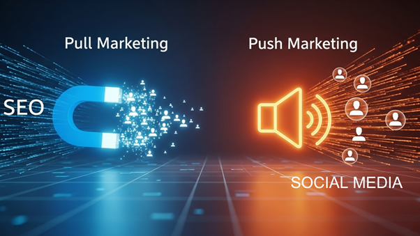 An illustration showing a blue magnet labeled 'SEO' pulling users (Pull Marketing) and an orange speaker labeled 'SOCIAL MEDIA' pushing content to users (Push Marketing).