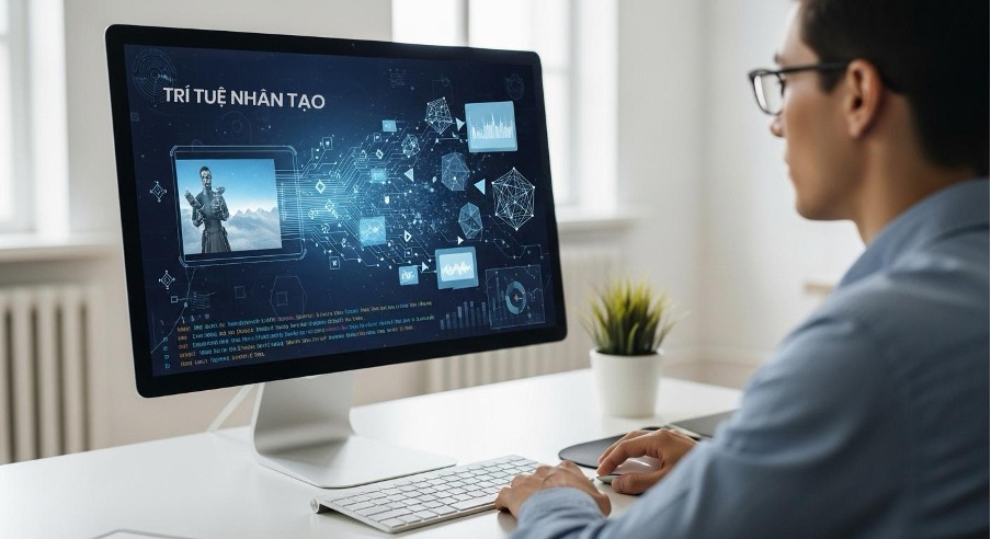 Person at desk viewing AI interface on a monitor with data, neural networks, and digital visuals labeled Artificial Intelligence.