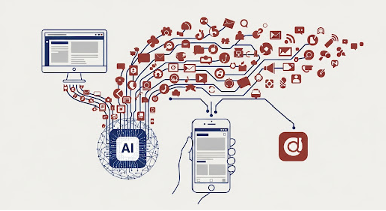 AI engine distributes content streams across desktop and mobile devices, enabling synchronized digital experiences.