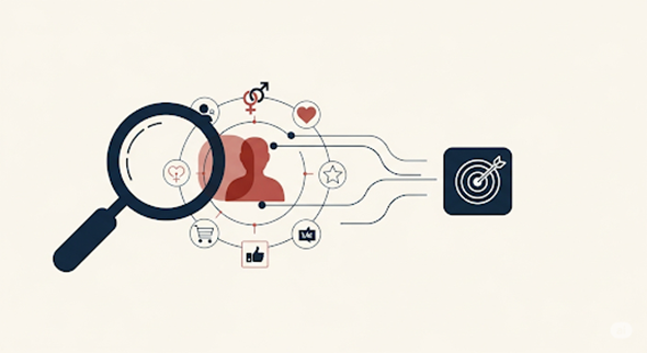 Magnifying glass analyzing customer profile with icons for interests, demographics, and behavior leading to a target.