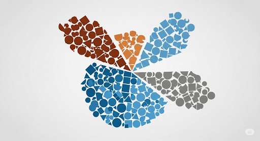 Segmented pie chart illustration made of varied icons representing different customer target segments