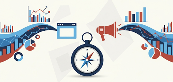 Graphs, charts, and marketing icons surrounding a compass symbol.
