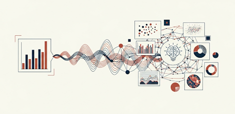 Data charts and signals transforming into visual insights around a brain icon.